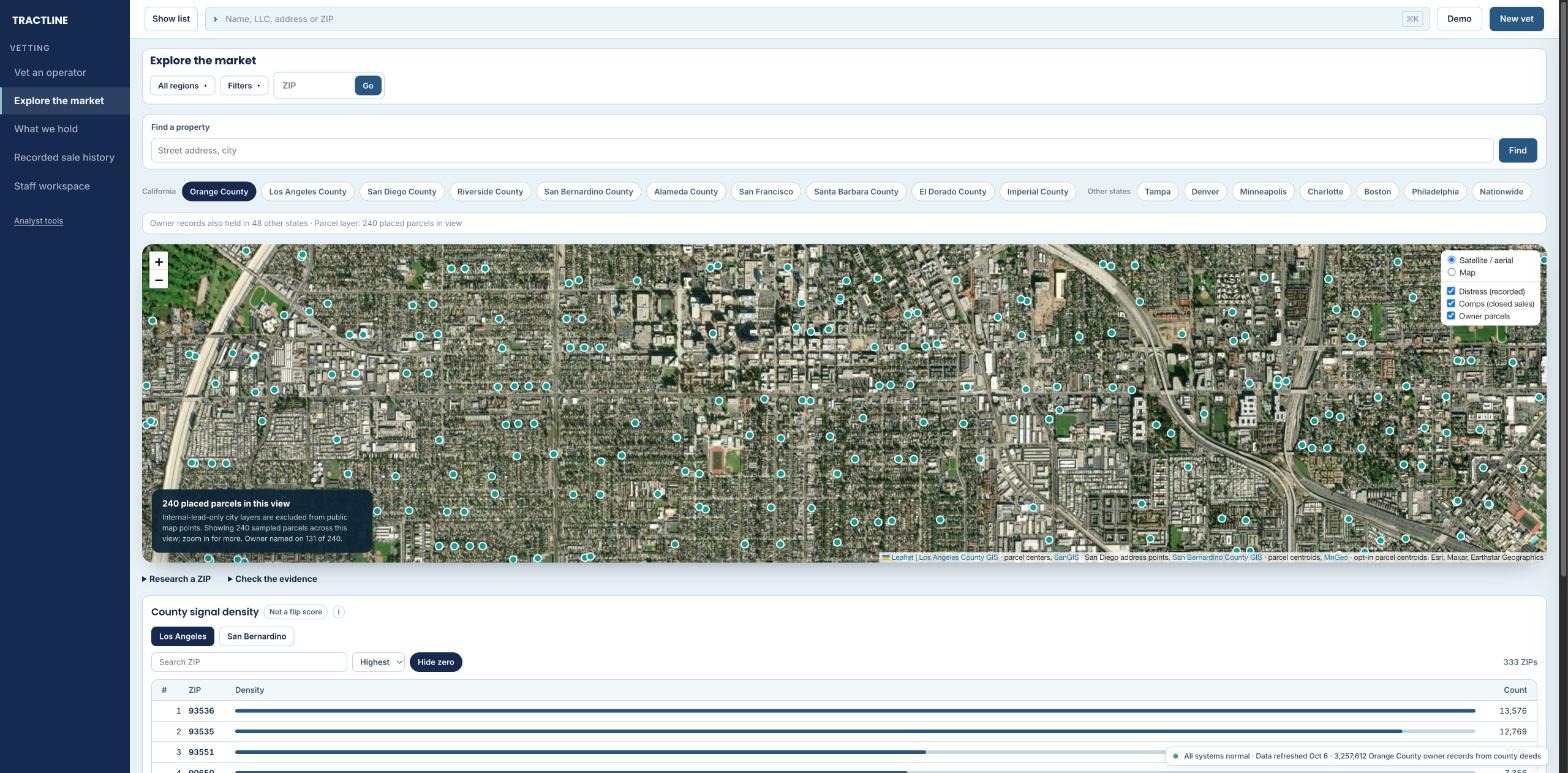 Tractline market view: 240 recorded parcels plotted on aerial imagery of Orange County, with county signal density below